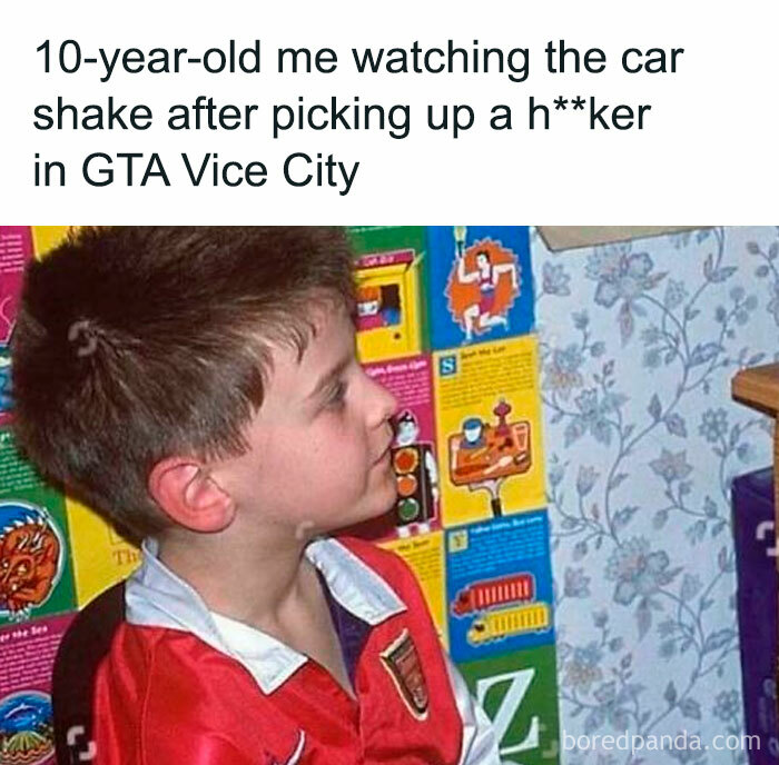 90s nostalgia meme of a boy watching a car shake in GTA Vice City, relatable to millennials missing the 90s.