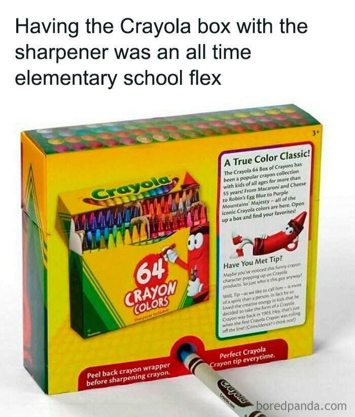 Box of 64 Crayola crayons with sharpener, a nostalgic 90s school essential and relatable millennial memory.