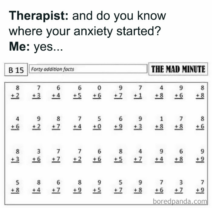 Meme showing a vintage 90s addition worksheet used as therapy for anxiety, highlighting relatable millennial nostalgia.