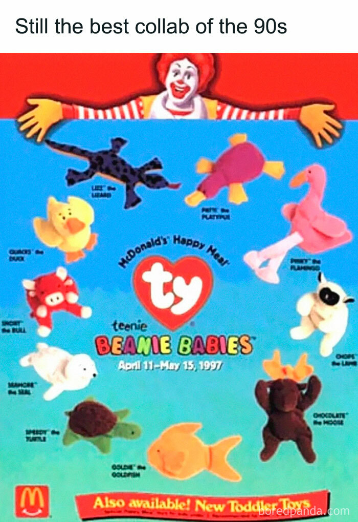 McDonald’s Happy Meal teenie Beanie Babies toys from the 90s arranged with Ronald McDonald background.