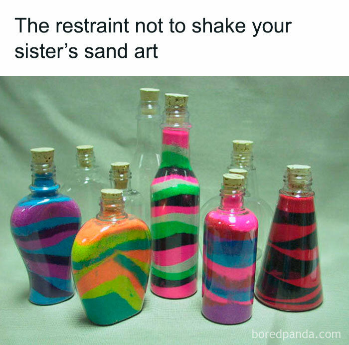 Colorful sand art in glass bottles representing relatable 90s nostalgia memes for millennials missing the 90s era.