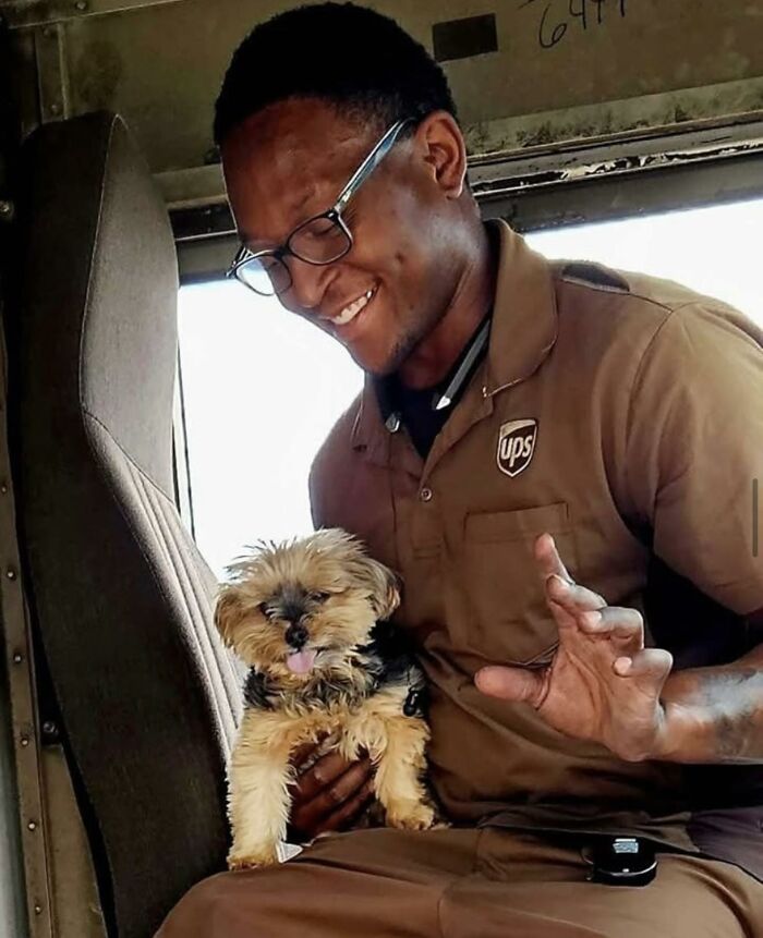 UPS driver smiling inside delivery truck holding an adorable small dog, showcasing pet interaction during delivery routes.