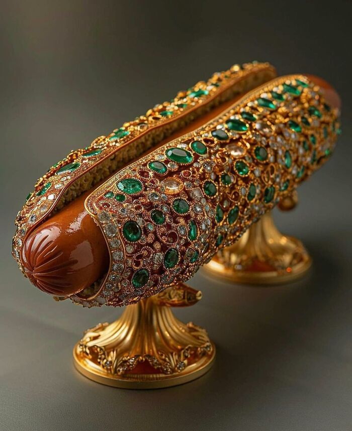 Luxury jeweled hot dog sculpture on ornate golden stands, one of the weirdest purchases people would make in a heartbeat