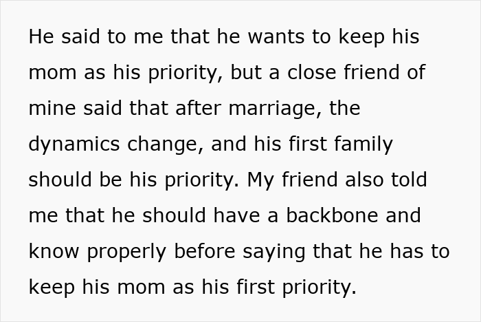 Text excerpt describing a man prioritizing his family over his fianc&eacute;e, causing tension and upset feelings.