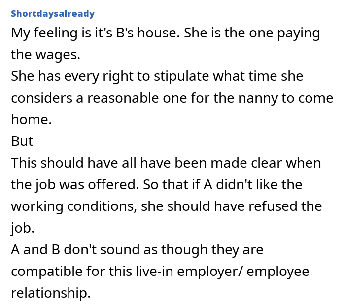 Comment discussing live-in nanny and employer compatibility, curfew rules, and job condition expectations online.