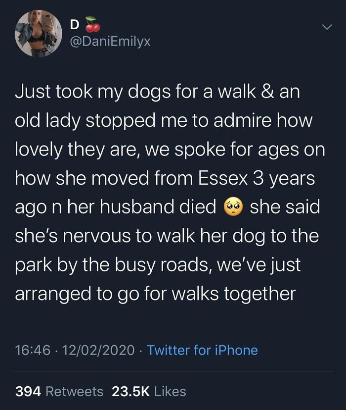 Tweet about a kind interaction while walking dogs, highlighting wholesome moments to distract from the world's current horrors.