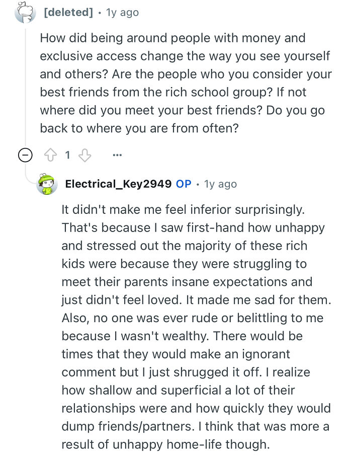 Person studied in a prestigious private school sharing experiences about wealth, friendships, and social expectations.