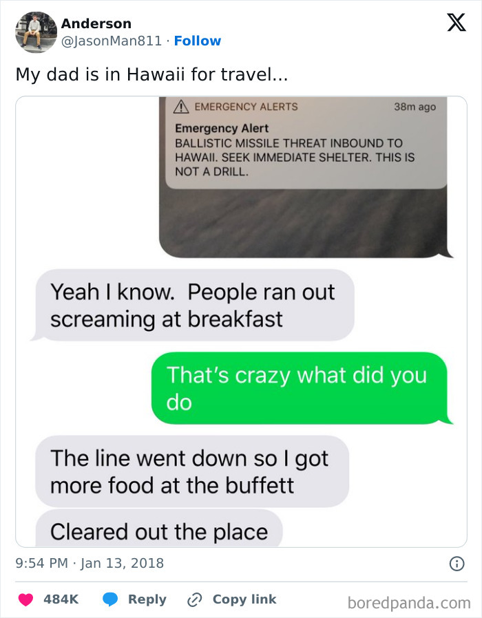 Text message conversation showing a funny and wholesome moment between a dad and child during a Hawaii missile threat alert.