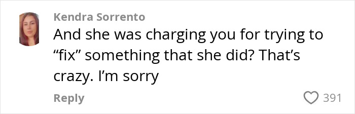 Commenter Kendra Sorrento expresses disbelief and sympathy over charges for fixing damage caused by a celebrity facialist.