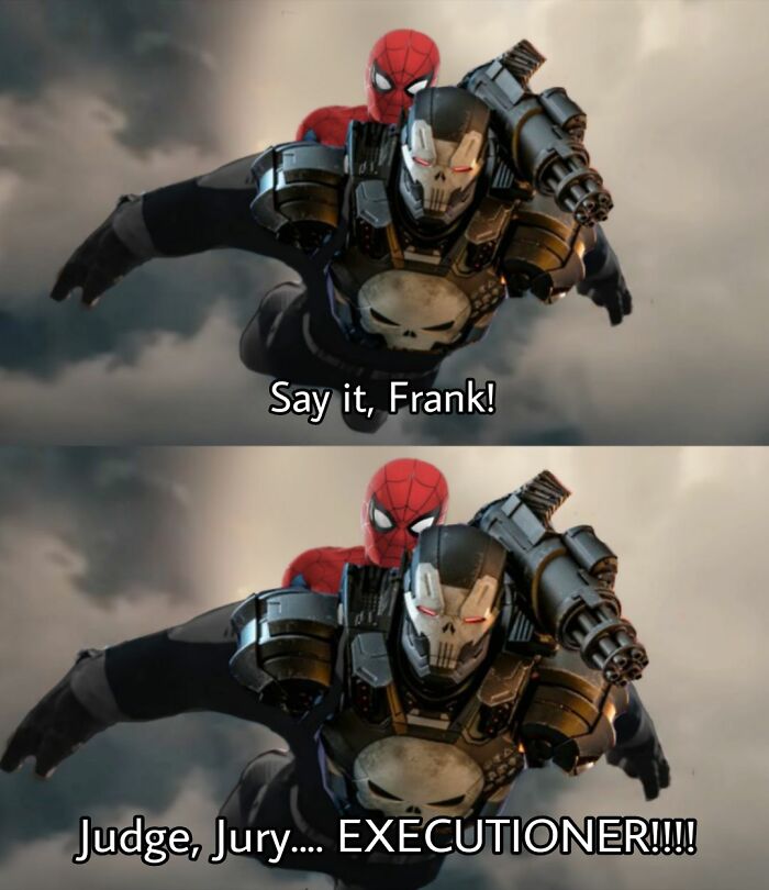 Spider-Man and Punisher in a Marvel meme with text saying Say it, Frank and Judge, Jury, Executioner.