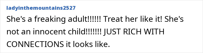 Text comment from user ladyinthemountains2527 expressing strong opinion about treating someone as an adult in a social media post. Text comment from user ladyinthemountains2527 expressing strong opinion about treating someone as an adult in a social media post.