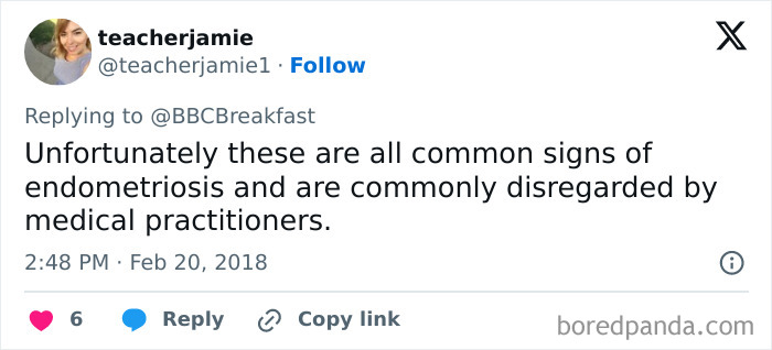 Tweet by a woman revealing major symptoms her doctor misunderstood before a shocking cancer diagnosis, discussing endometriosis signs.