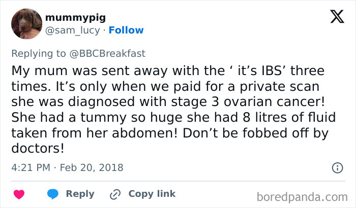Tweet discussing a woman&rsquo;s major symptoms misunderstood by doctors before a shocking cancer diagnosis of ovarian cancer.