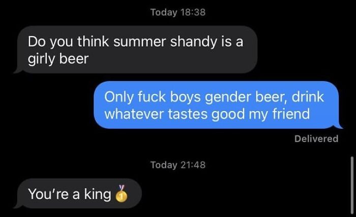 Text message conversation about gender stereotypes in beer preferences, featured in wholesome posts to distract from world horrors.