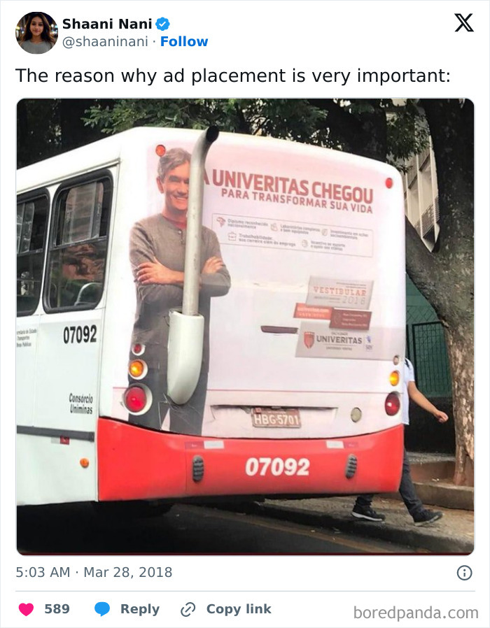 Bus with a poorly placed university ad where exhaust pipe covers the model's face, showcasing advertising placement fails.