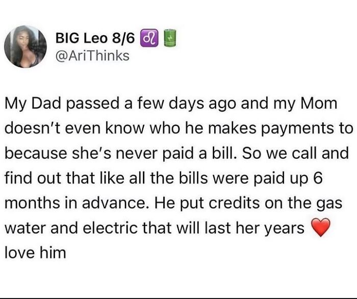 Wholesome post showing a thoughtful gesture of prepaid bills to provide long-term support and comfort.