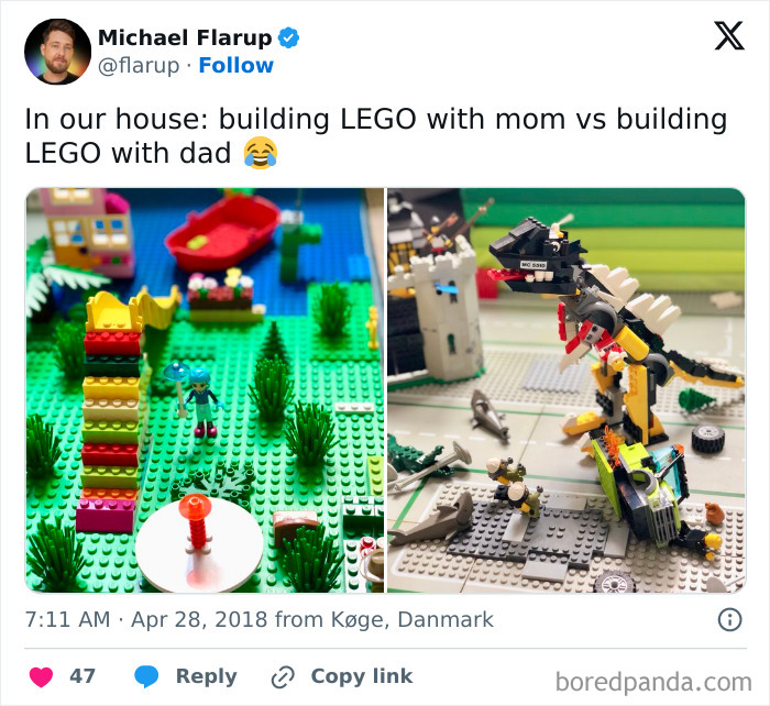 LEGO scenes showing the stark differences between moms and dads in playful family building moments.
