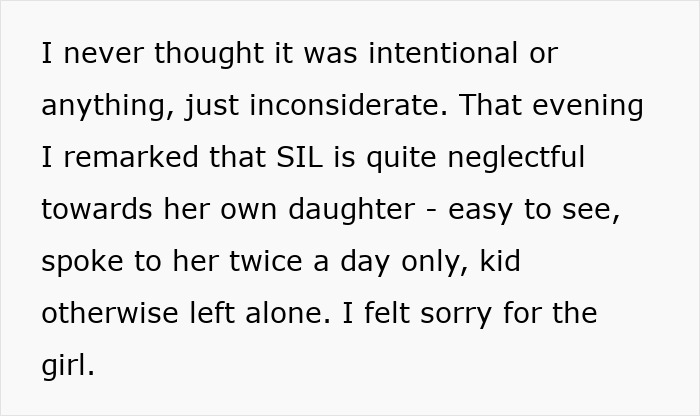 Text excerpt about wife hosting MIL and SIL, revealing SIL’s neglectful behavior toward her daughter during a family visit. Text excerpt about wife hosting MIL and SIL, revealing SIL’s neglectful behavior toward her daughter during a family visit.