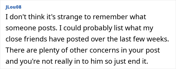 Comment discussing online dating concerns about a lady worried over online date's behavior and memory of posts.