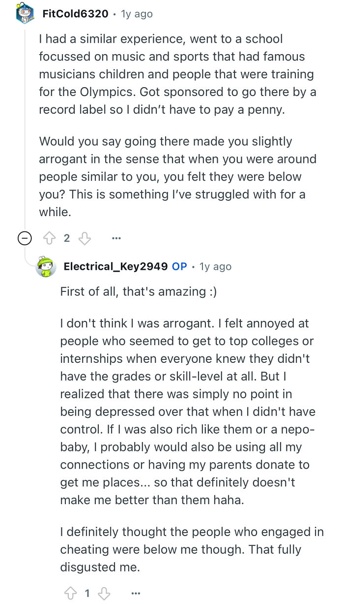 Reddit user sharing experiences after studying in a prestigious private school and addressing questions about arrogance and privilege.