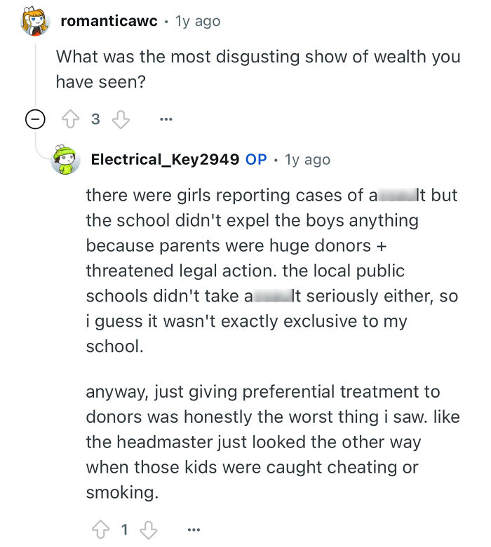 Person studied in a prestigious private school shares experiences about favoritism and disciplinary issues involving donors.