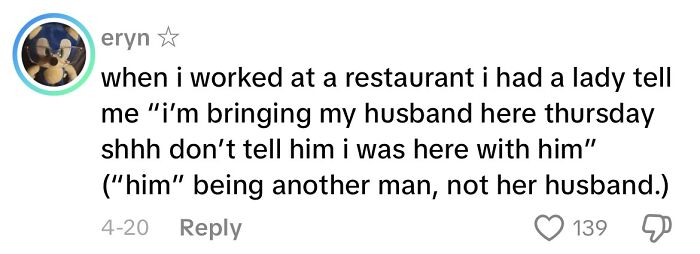 Screenshot of a creepy customer encounter where a restaurant worker shares a strange secret about a customer involving deception.