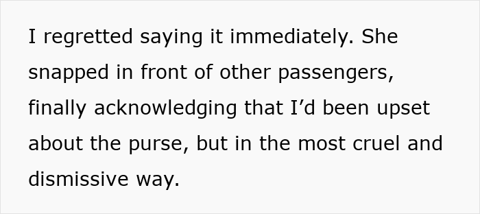 Text excerpt about a woman ending a 15-year friendship after a purse fiasco causing upset and public confrontation.