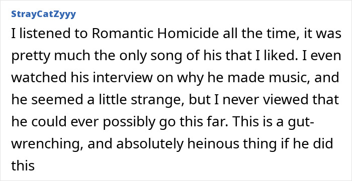 Comment discussing the emotional impact of singer D4vd&rsquo;s music and reaction to news about missing 15YO girl found in his Tesla trunk.