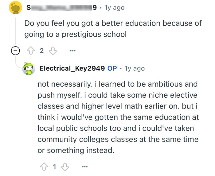 Screenshot of an online discussion featuring a person who studied in a prestigious private school answering questions about education quality.