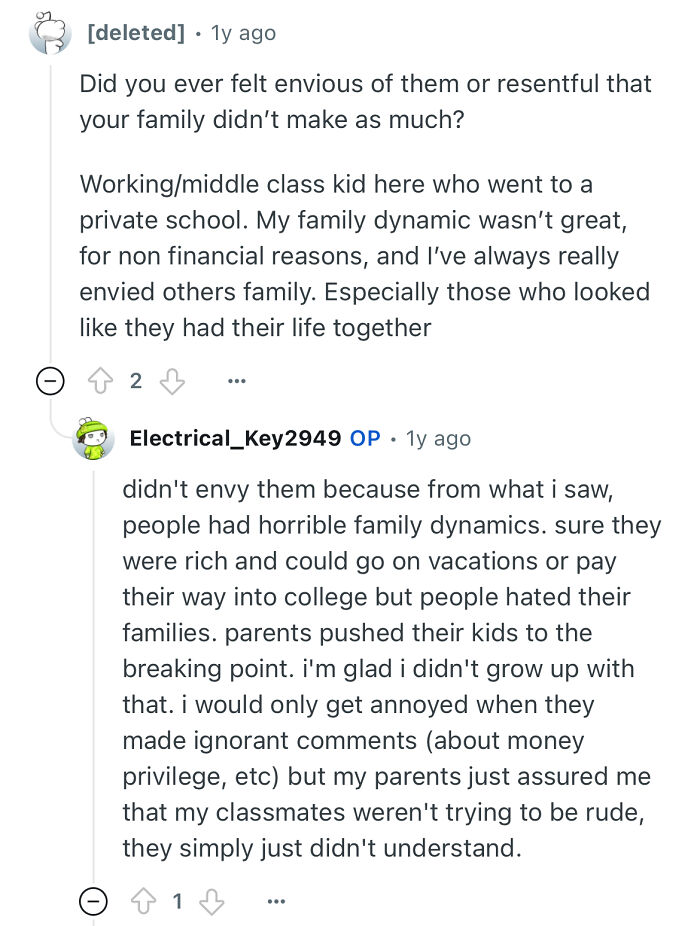 Screenshot of an online discussion where a person studied in a prestigious private school answers burning questions about family and privilege.