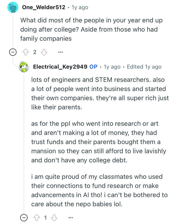 Person studied in a prestigious private school discussing classmates' careers in engineering, business, research, and art.