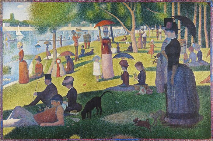 People relaxing in a park by the water in a timeless painting showcasing detailed light and color techniques.