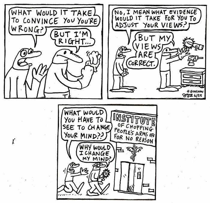 Absurd yet relatable comic panels show a conversation about changing opinions with humorous resistance and irony.