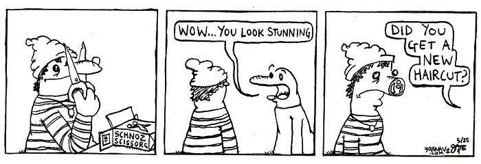 Absurd yet relatable comic strip featuring a character with scissors near their nose and a surprised friend’s reaction.