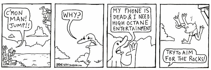 Absurd yet relatable comics featuring quirky characters in a humorous black and white comic strip style.