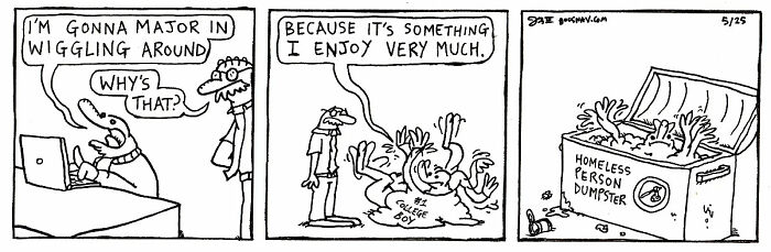 Absurd yet relatable comic strip showing a character humorously declaring a major in wiggling around.