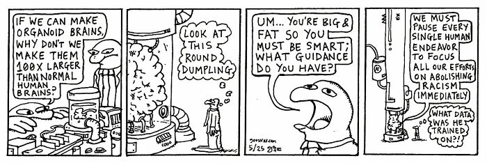 Black and white absurd and relatable comic panels featuring humorous dialogue and quirky characters by this artist.