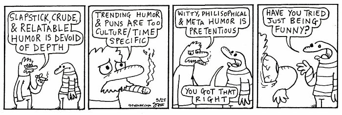Absurd yet relatable comic strip featuring characters debating humor styles with witty and crude jokes in a simple black and white drawing.
