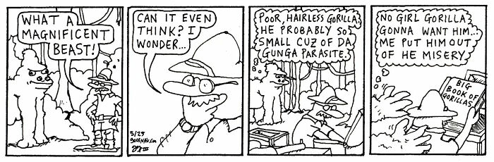 Absurd yet relatable comic strip featuring a character observing a hairless gorilla and pondering its fate.