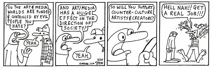 Black and white comic strip depicting a humorous conversation about art, media, and counter-culture artists.