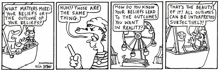 Black and white comic strip depicting a humorous conversation about beliefs and outcomes, highlighting relatable absurdity.
