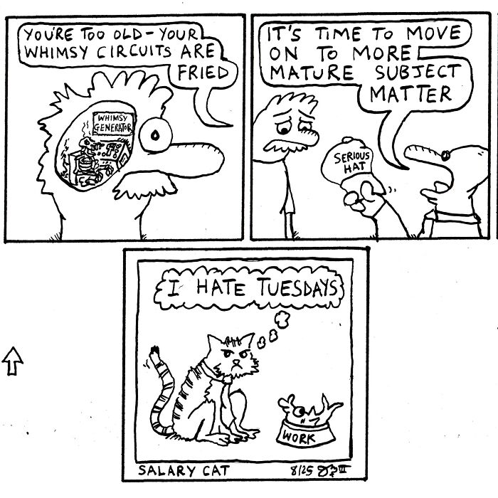 Absurd relatable comic panels featuring a character, whimsical circuits, serious hat, and a cat hating Tuesdays at work.
