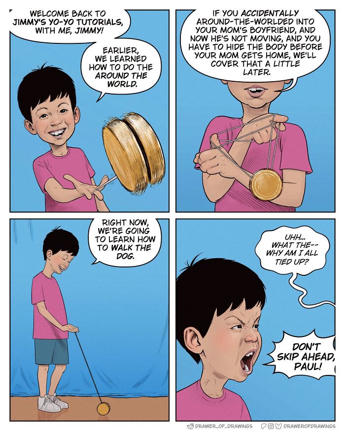 Comic strip of a boy humorously struggling with yo-yo tricks and getting tied up in absurd comics to lift spirits.