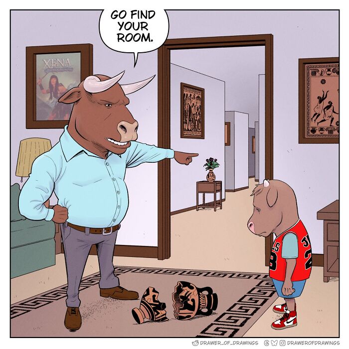 Absurd comic of an adult bull angrily pointing while a sad young bull stands beside broken pottery inside a house.