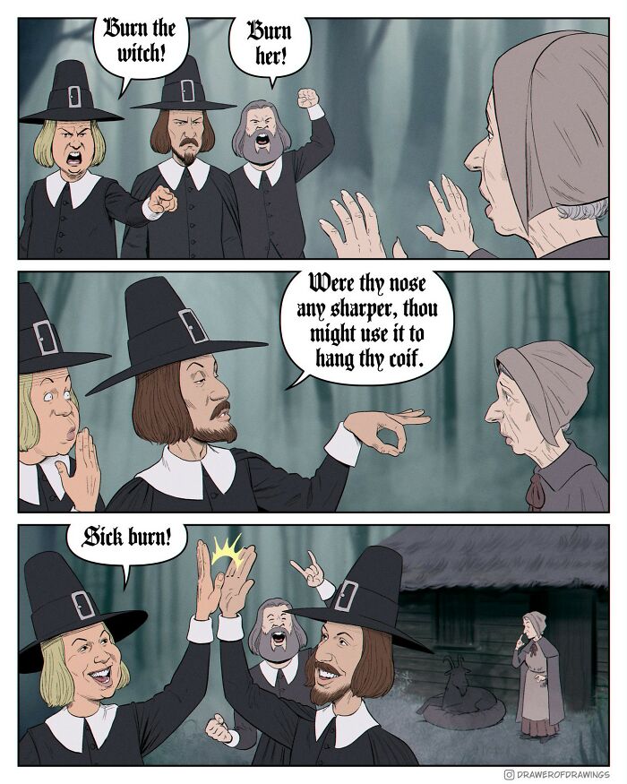 Absurd comic strip showing pilgrims humorously roasting an old woman with sharp wit, capturing the absurd comics style.