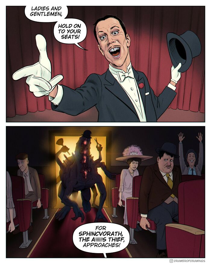 Comic panel showing a stage host introducing a monster creature in a theater, an absurd comic scene to lift spirits.