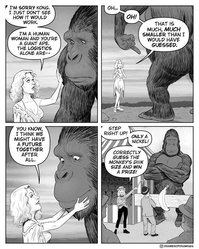 Absurd comic panels featuring a woman and giant ape in humorous situations, capturing surreal and uplifting moments.