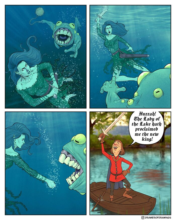 Absurd comics showing a woman underwater facing a monster and a man claiming to be king on a boat with a sword.
