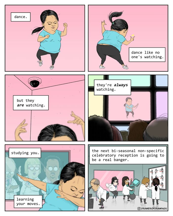 Absurd comics show a dancing person being watched and studied by scientists in a humorous, uplifting comic style.