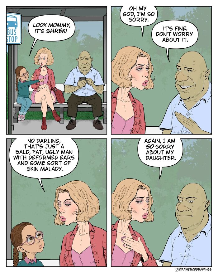 Absurd comic showing a girl mistaking a man for Shrek and a woman apologizing about her daughter's mistake.
